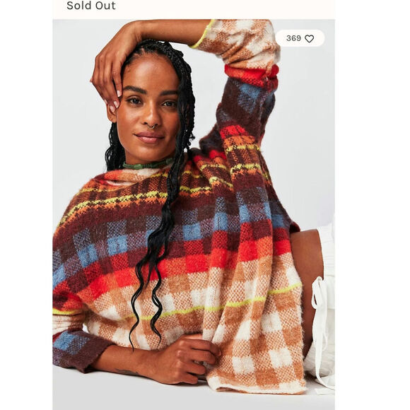 Free People Ainsley Plaid Hooded Wool Blend Poncho in Apple Cider Combo, sz S - Picture 6 of 16